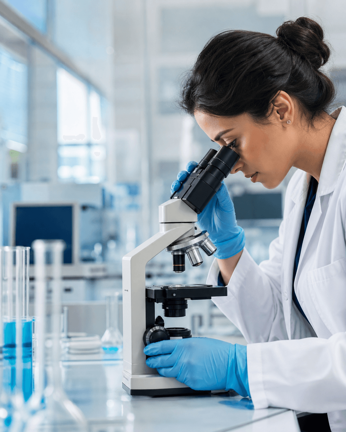 Mikroskopla inceleme yapan Sinolab laboratuvar uzmanı